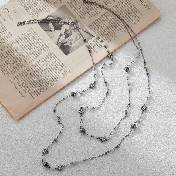 Layered Silver Beaded Necklace with Crystals and Pearls Vintage Gift for Women - Picture 2 of 6